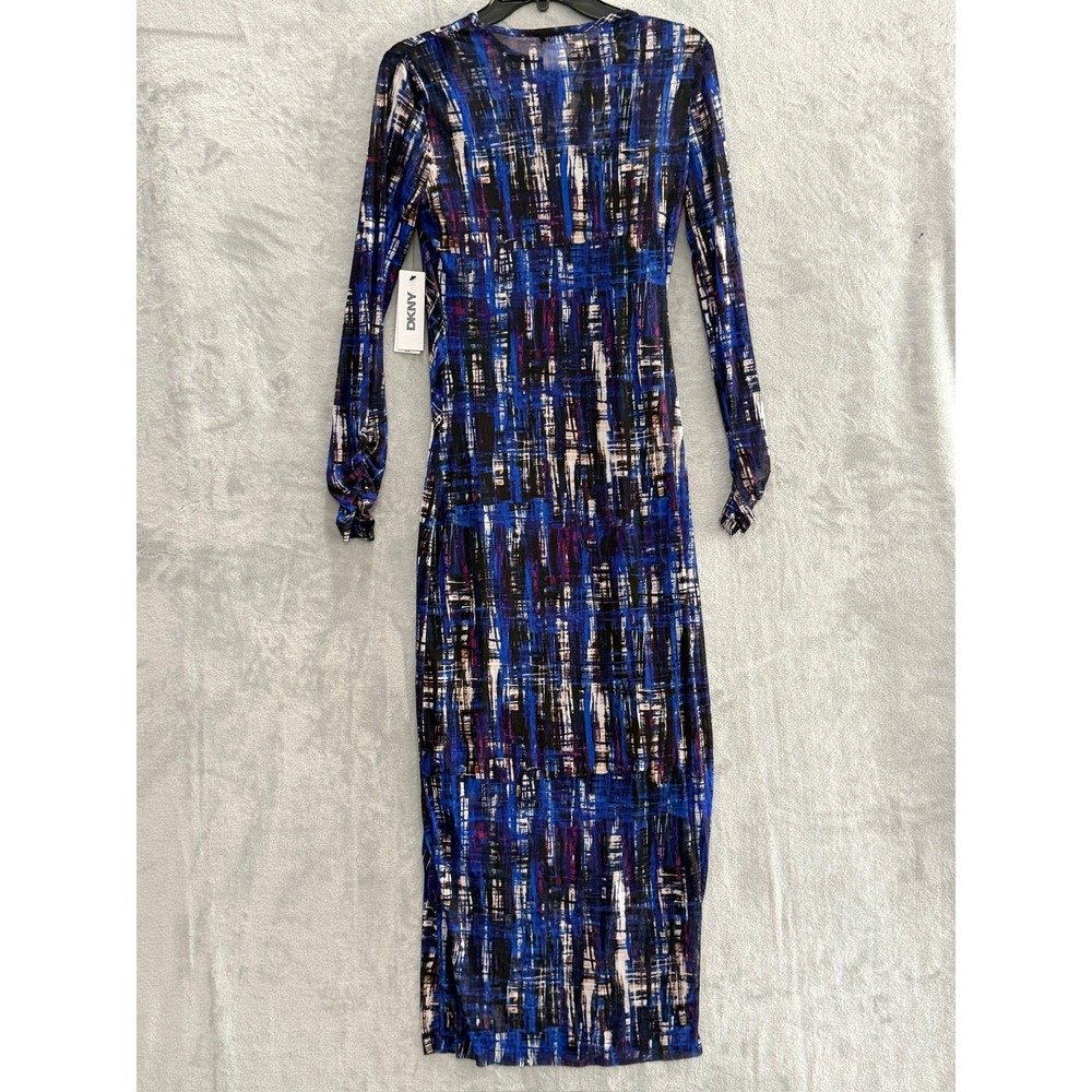 DKNY Mesh Midi Dress Womens Blue Abstract Ruched Long Sleeve 4 NWT - Picture 9 of 11